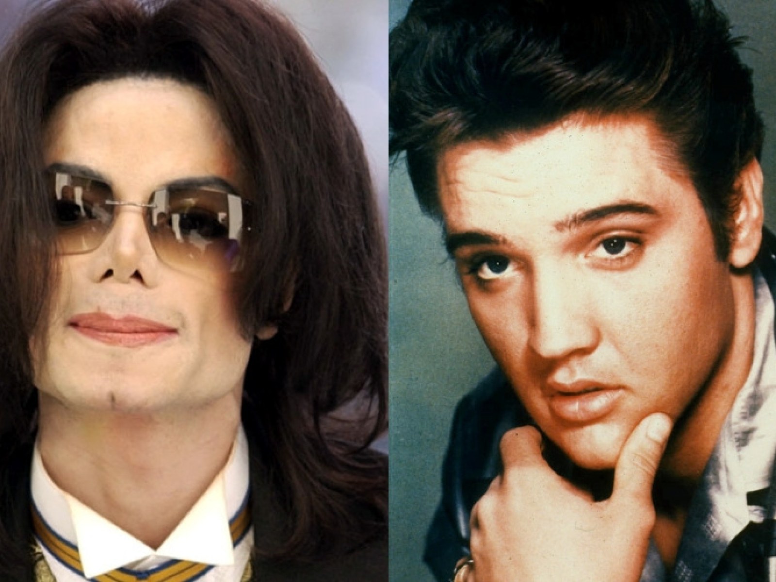 Split image showing Michael Jackson wearing sunglasses and a suit on the left, and a young Elvis Presley in a classic portrait pose on the right.