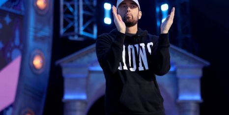 Marshall "Eminem" Mathers claps during the first round of the 2024 NFL Draft at Campus Martius Park and Hart Plaza on April 25, 2024 in Detroit, Michigan.